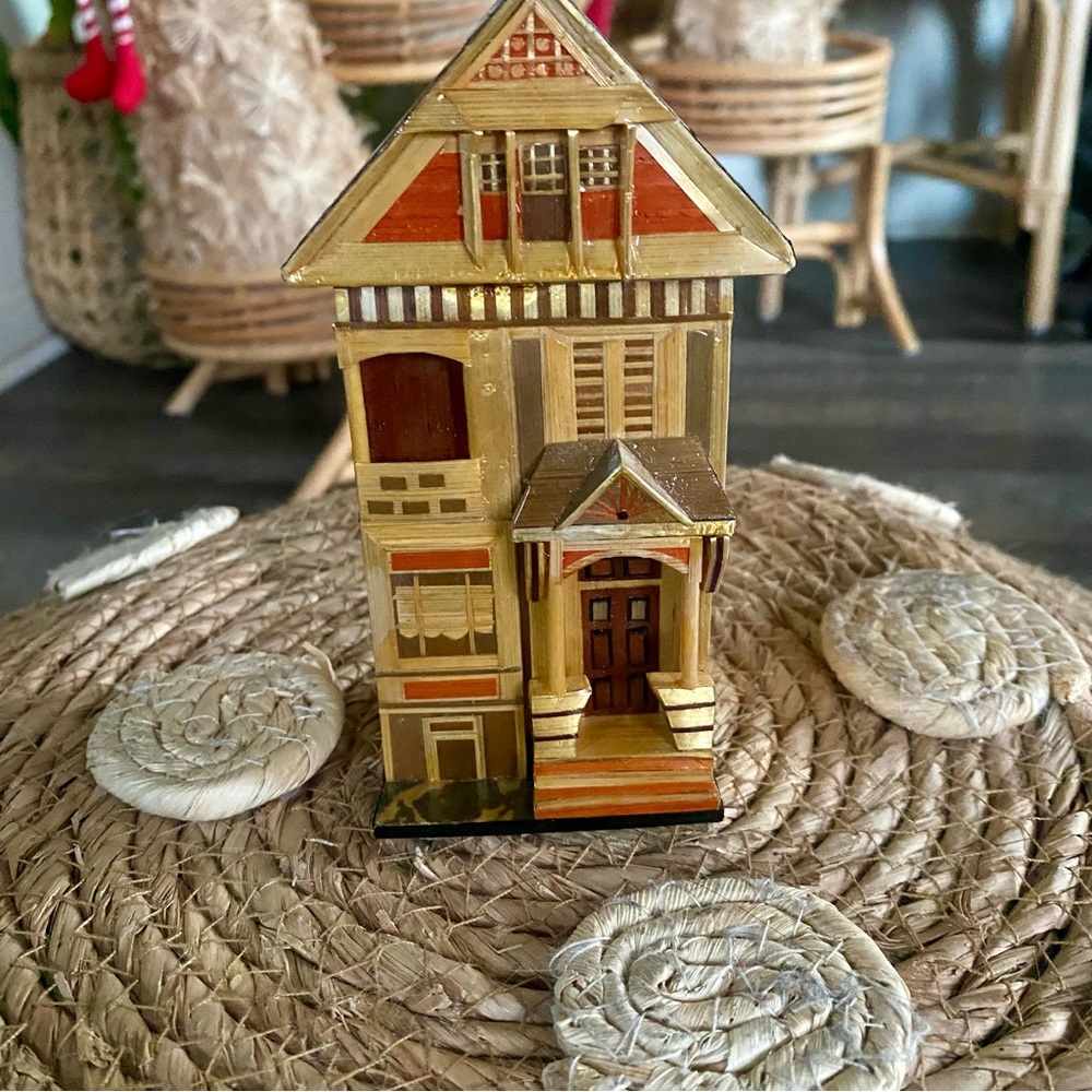Vintage Rare Bamboo Wheat Stalk San Francisco Victorian House Trinket Box,